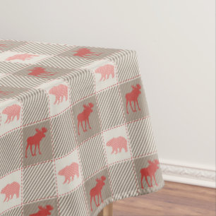 Red Tan Moose Bear Cabin Pattern Tablecloth