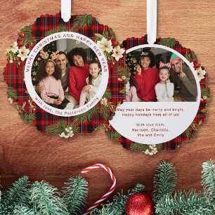 Red Tartan Christmas Family Photo Floral Keepsake Tree Decoration Card