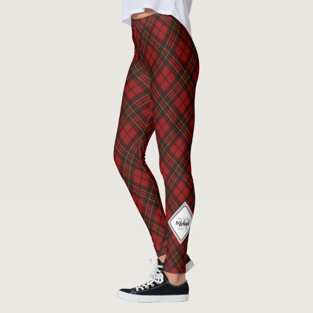Red tartan Christmas pattern Personalise Monogram Leggings (Left)