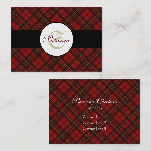 Red tartan Christmas plaid winter pattern Monogram Business Card (Front/Back)