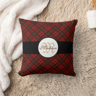 Red tartan Christmas plaid winter pattern Monogram Cushion