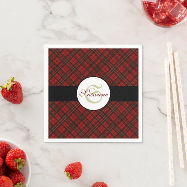 Red tartan Christmas plaid winter pattern Monogram Napkin (Insitu)