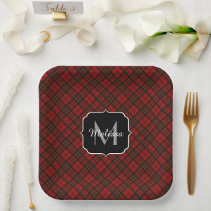 Red tartan Christmas plaid winter pattern Monogram Paper Plate