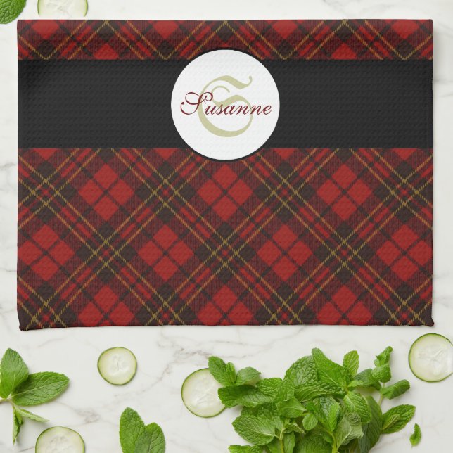 Red tartan Christmas plaid winter pattern Monogram Tea Towel (Folded)