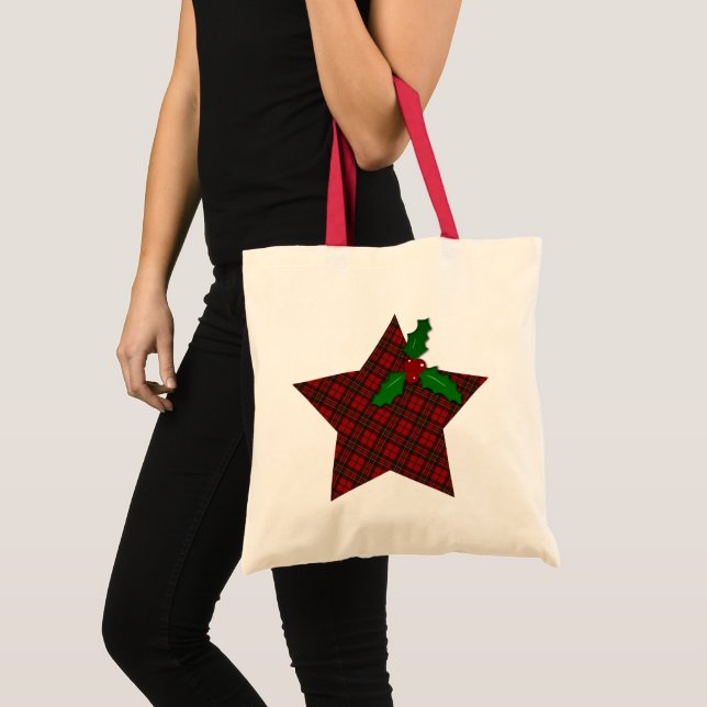 Red tartan Christmas plaid winter Star Holly twig Tote Bag (Front (Product))