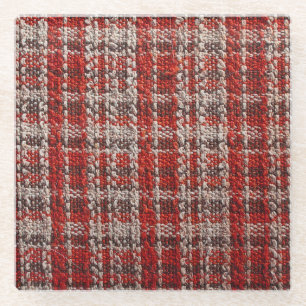 Red Tartan Fabric: Textured Background Glass Coaster