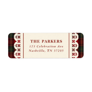 Red Tartan Lace Stitch Frame Christmas Return Address Label