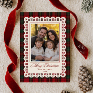 Red Tartan Lace Stitch Frame Merry Christmas Photo Holiday Card
