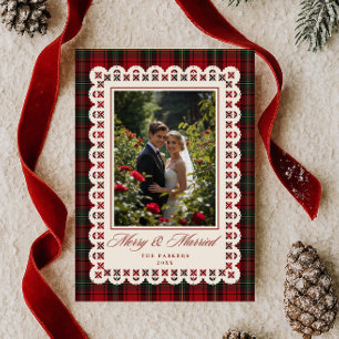 Red Tartan Lace Stitch Frame Merry Married Photo Holiday Card