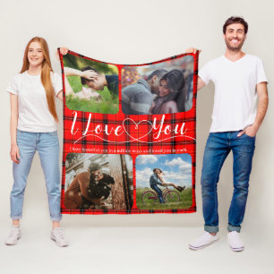 Red Tartan Love Couples Photo collage Fleece Blanket