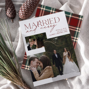 Red Tartan Married and Merry Newlywed Photo Holiday Card