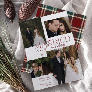 Red Tartan Married & Merry Modern Photo Newlywed Holiday Card