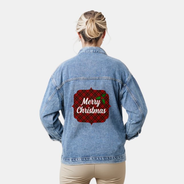 Red tartan Merry Christmas holly twig Custom text Denim Jacket (Model)