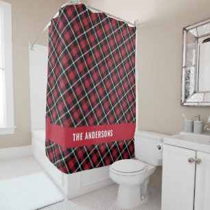 Red tartan modern rustic personalised  shower curtain