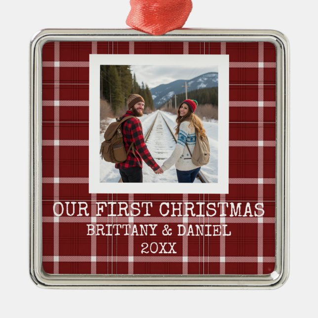 Red Tartan Our First Christmas Metal Ornament (Front)