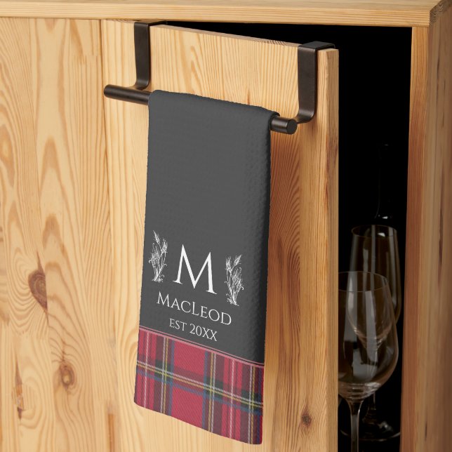 Red Tartan Personalised Monogram UK British Black Tea Towel (Thirds Fold)