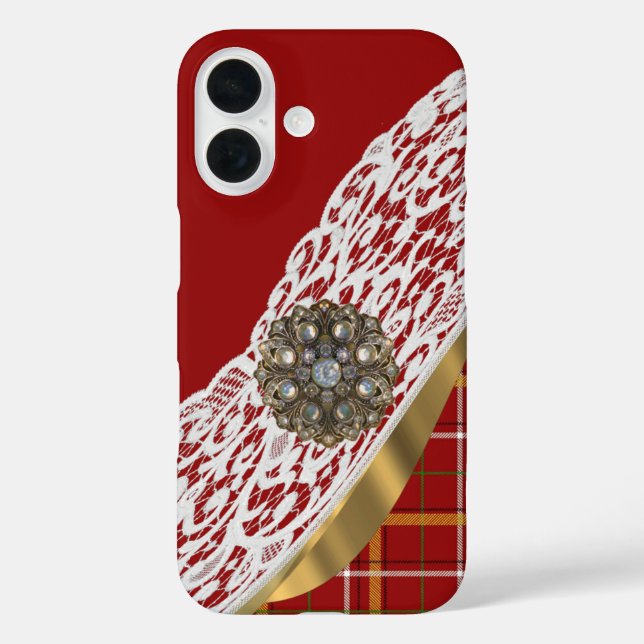 Red tartan plaid and lace Case-Mate iPhone case (Back)