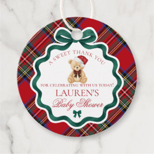 Red Tartan Plaid Christmas Bear Baby Shower Circle Favour Tags