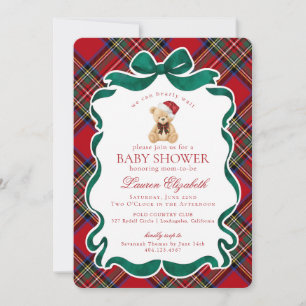 Red Tartan Plaid Christmas Bear Baby Shower Invitation