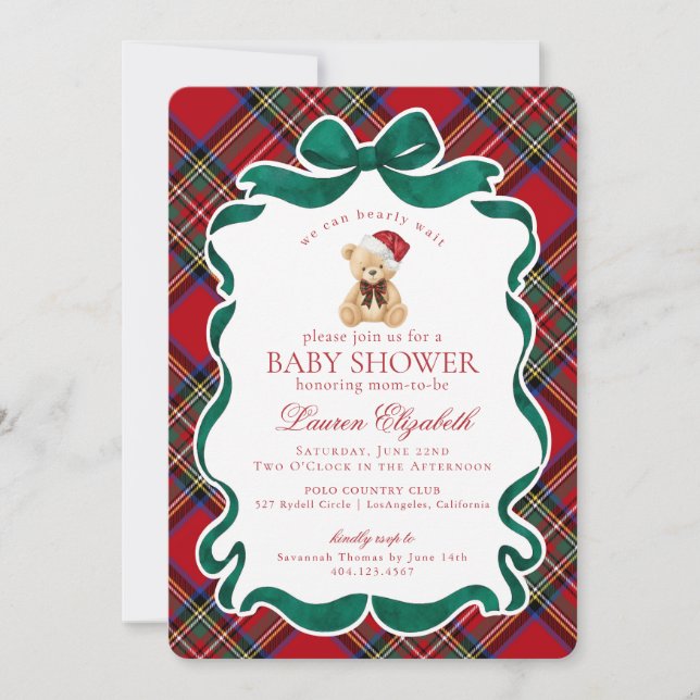 Red Tartan Plaid Christmas Bear Baby Shower Invitation (Front)