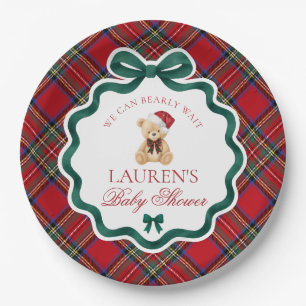 Red Tartan Plaid Christmas Bear Baby Shower  Paper Plate
