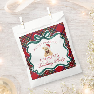 Red Tartan Plaid Christmas Bear Birthday Dessert Favour Bag