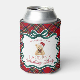 Red Tartan Plaid Christmas Bear Birthday Favor Can Cooler