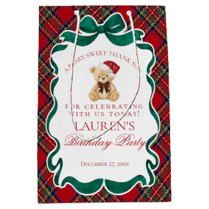 Red Tartan Plaid Christmas Bear Birthday Favors Medium Gift Bag