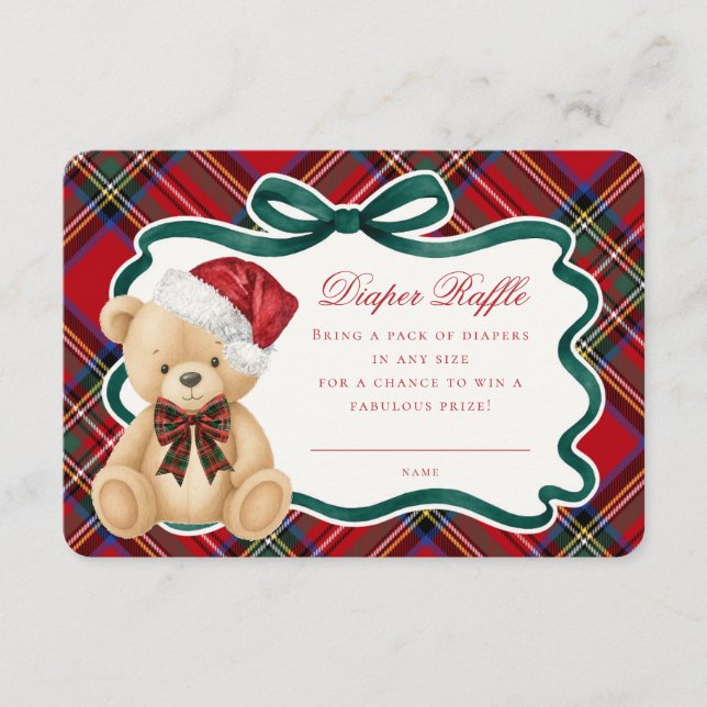 Red Tartan Plaid Christmas Bear Diaper Raffle Enclosure Card (Front)