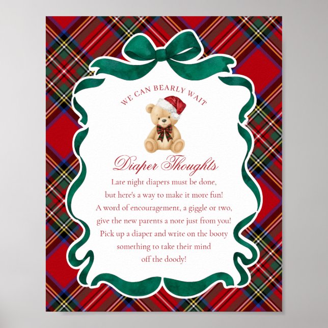 Red Tartan Plaid Christmas Bear Diaper Thoughts Poster (Front)
