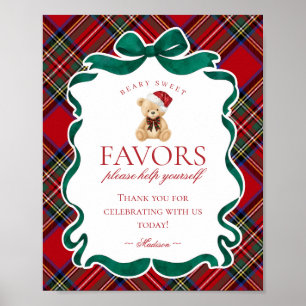 Red Tartan Plaid Christmas Bear Party Favor Sign