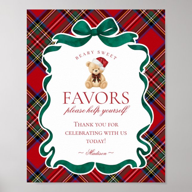 Red Tartan Plaid Christmas Bear Party Favor Sign (Front)