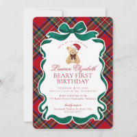 Red Tartan Plaid Christmas Beary First Birthday