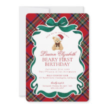 Red Tartan Plaid Christmas Beary First Birthday