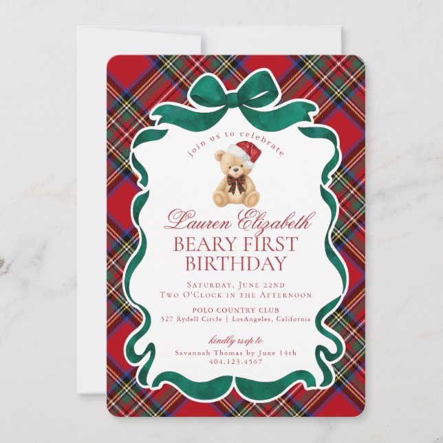 Red Tartan Plaid Christmas Beary First Birthday Invitation (Front)