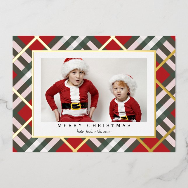 Red Tartan Plaid Christmas Foil Holiday Card (Front)