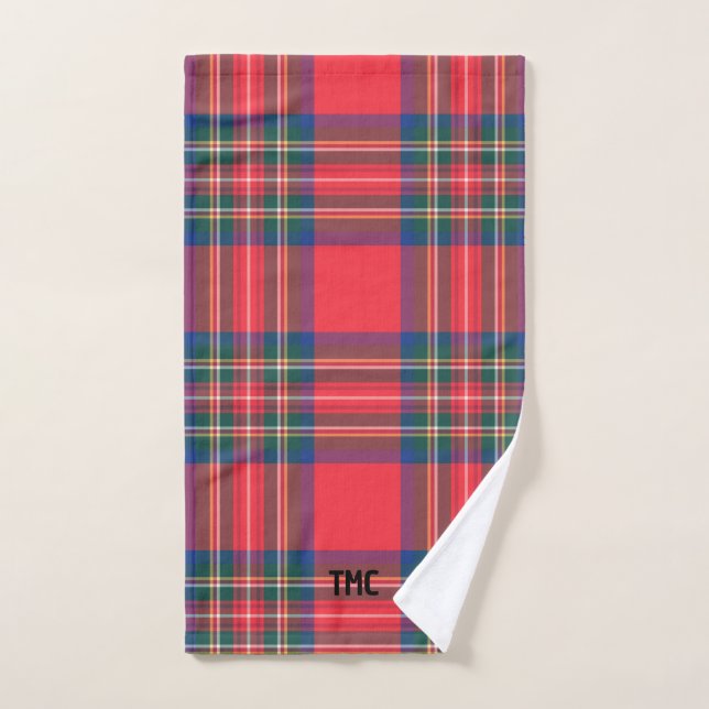 Red Tartan Plaid Christmas Holiday Initials Preppy Hand Towel (Hand Towel)