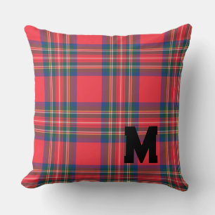 Red Tartan Plaid Christmas INITIAL Modern Holiday Cushion