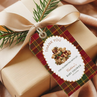 Red Tartan Plaid Christmas Teddy Bear Thank You Gift Tags