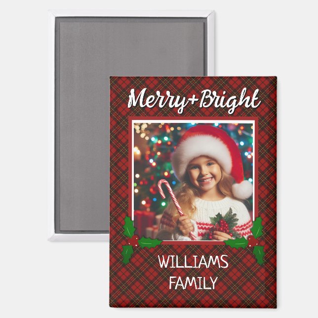 Red tartan plaid Custom photo Christmas Magnet (Front/Back)