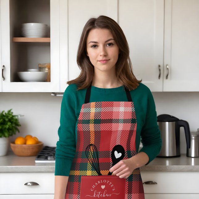 Red Tartan Plaid Faux Pocket Spoon & Whisk Apron (Red Tartan Plaid Faux Pocket Spoon & Whisk Apron)