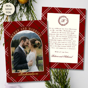 Red Tartan Plaid First Christmas Married Photo Foil Holiday Card