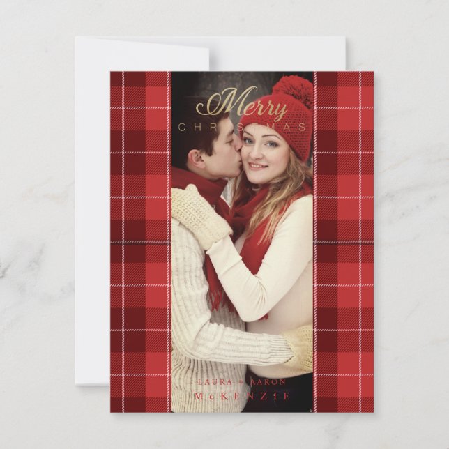 Red Tartan Plaid First Merry Christmas Photo Holiday Card (Front)