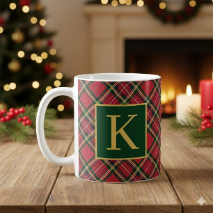 Red Tartan Plaid Gold Monogram Coffee Mug