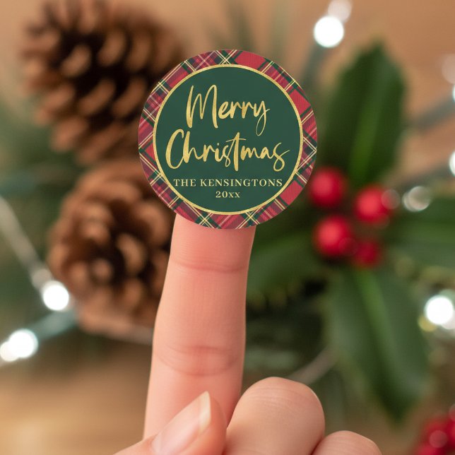 Red Tartan Plaid Gold Script Merry Christmas Classic Round Sticker (Red Tartan Plaid Gold Script Merry Christmas Classic Round Sticker)