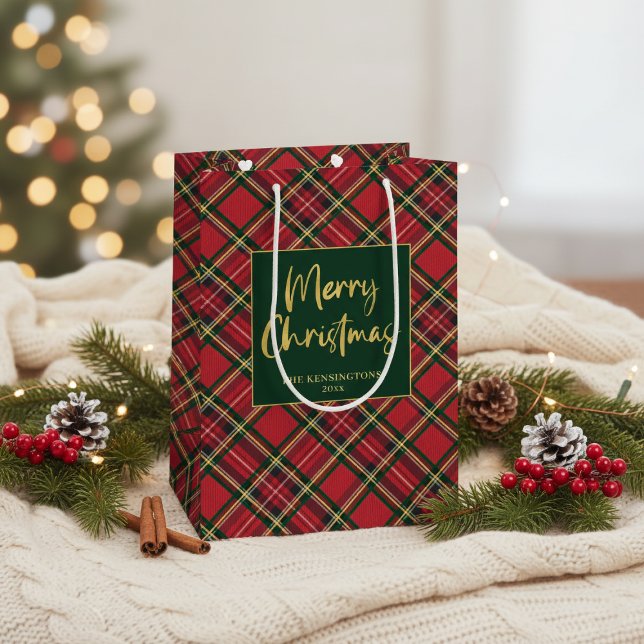 Red Tartan Plaid Gold Script Merry Christmas Medium Gift Bag (Red Tartan Plaid Gold Script Merry Christmas Medium Gift Bag)