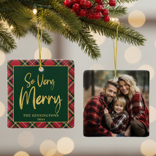 Red Tartan Plaid Holiday Photo Christmas Ceramic Ornament