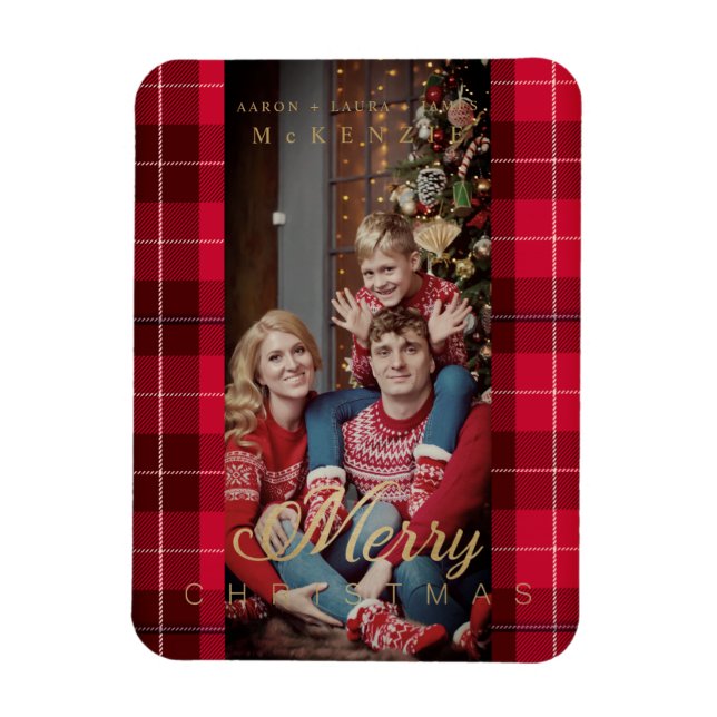 Red Tartan Plaid Merry Christmas Family Photo Magnet (Vertical)