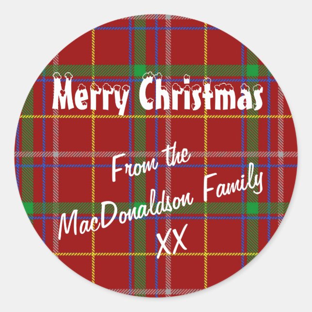Red tartan plaid Merry Xmas Classic Round Sticker (Front)