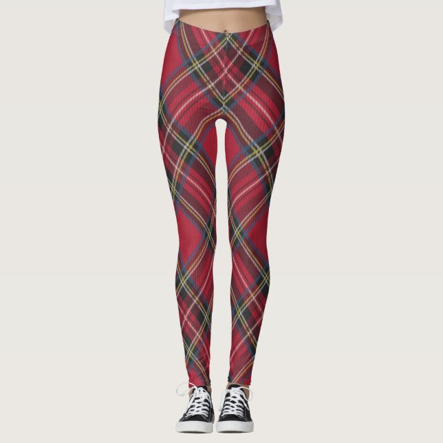 Red Tartan Plaid Pattern Scottish Clan Heritage Leggings (Front)